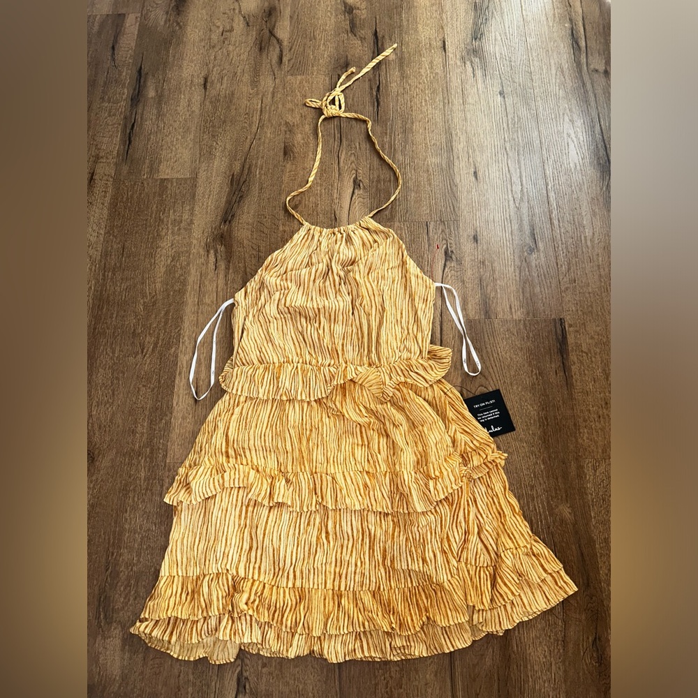 LULUS Dress Downright Darling Mustard Yellow Ruffled Striped Mini Size S NEW